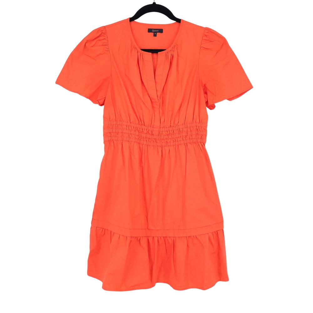 Quince Poplin Tiered Mini Dress Vermilion Red Organic Cotton Women's S